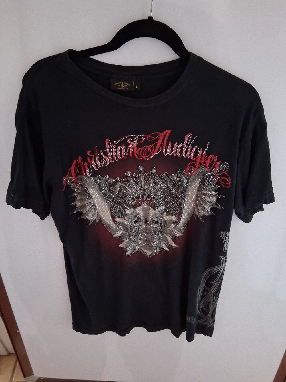 Christian Audigier Men’s L Rhinestone Tee Black Metallic Graphic Skull Crown